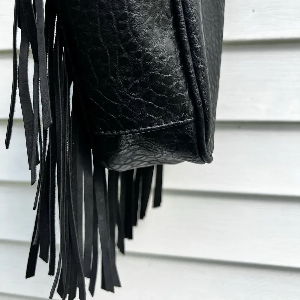 Rampage Black Boho Fringe Crossbody Bag Shoulder Purse Western Textured Pebble